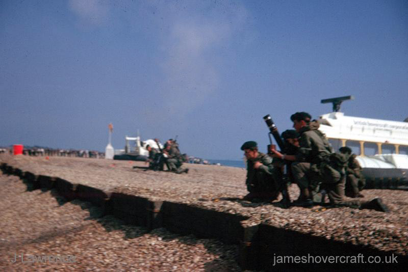 The SRN6 with the Inter-Service Hovercraft Trials Unit, IHTU - Troops in the foreground (submitted by Pat Lawrence).